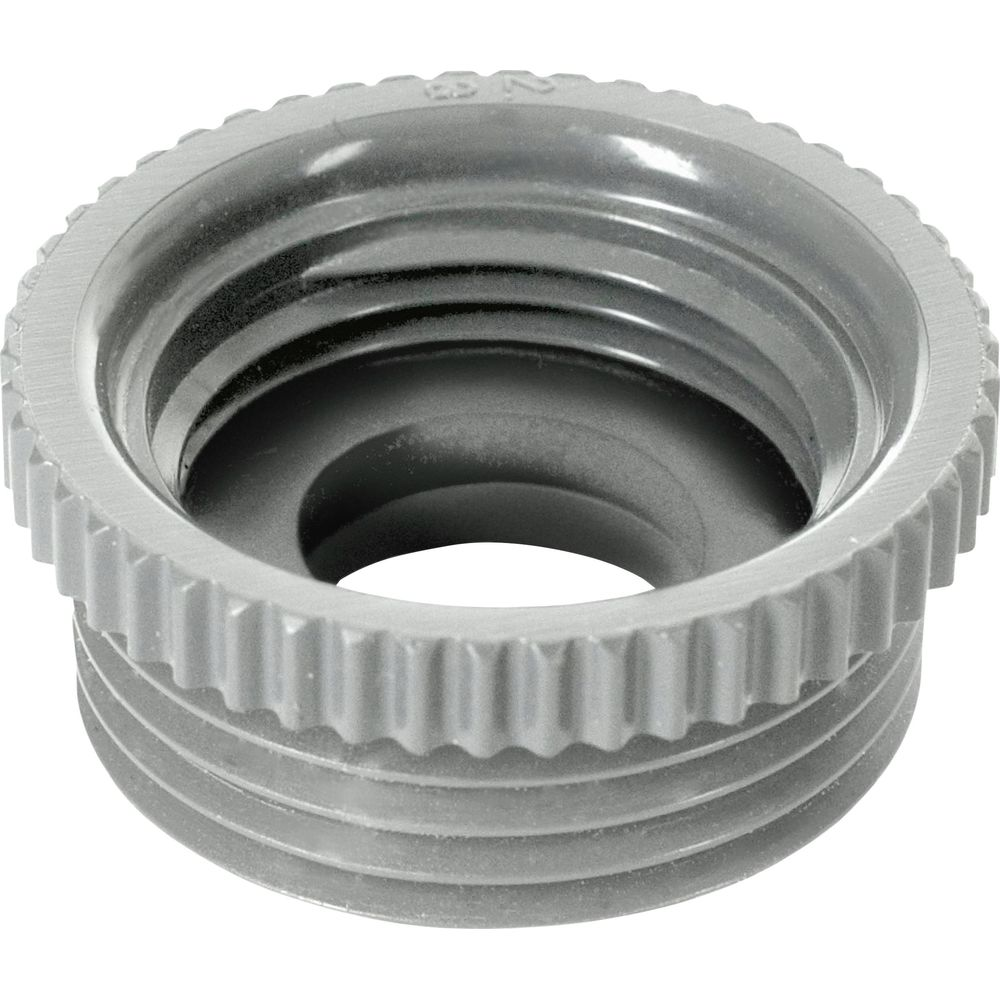 Gray plastic adapter with male threads and knurled edge.