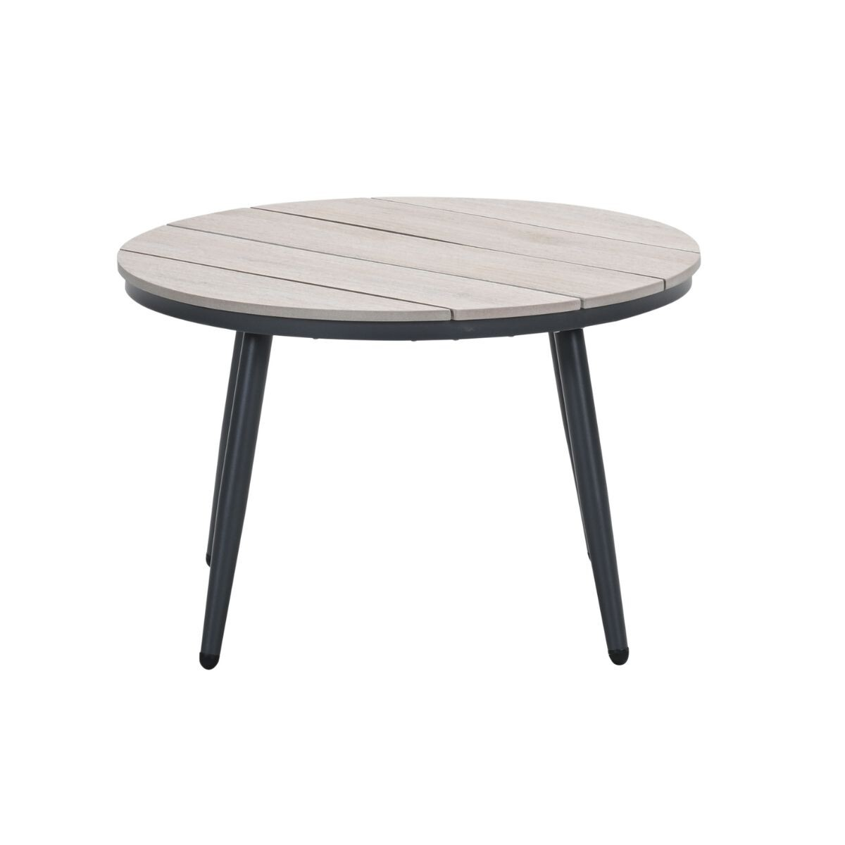 Een ronde tafel met een houten lamellenblad en donkere poten.