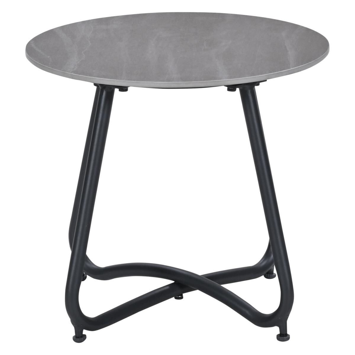 Grijze ronde tafel met zwart metalen onderstel op witte achtergrond.