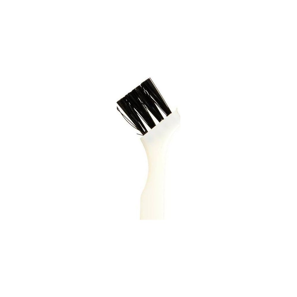 Una piccola spazzola bianca con setole nere, isolata su sfondo bianco.
