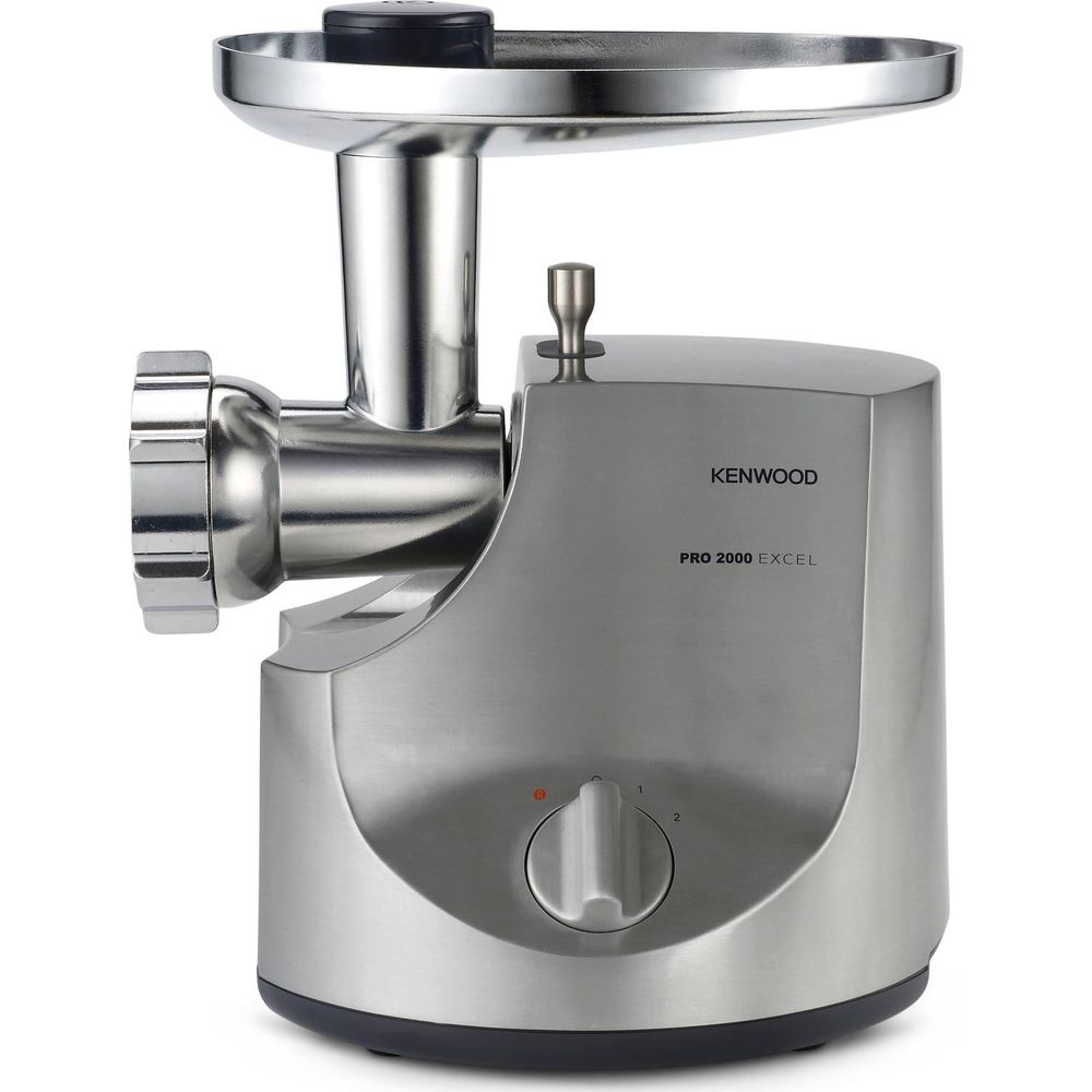 Srebrna maszynka do mielenia mięsa Kenwood z zasobnikiem i pokrętłem.