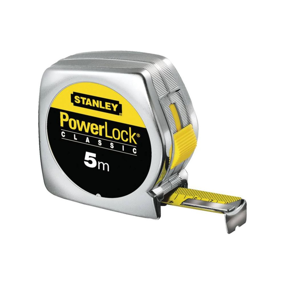 Ein silbernes Stanley PowerLock 5m Maßband mit gelben Akzenten.