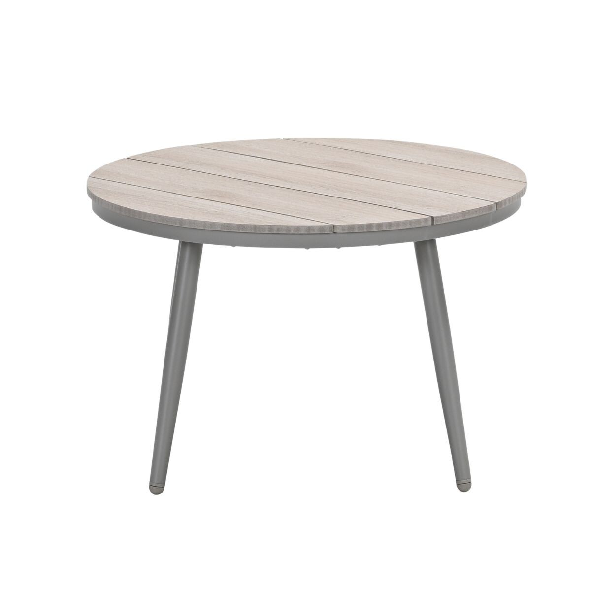 Een ronde buitentafel met een licht houten lattenblad en vier grijze metalen poten, gecentreerd op een witte achtergrond.