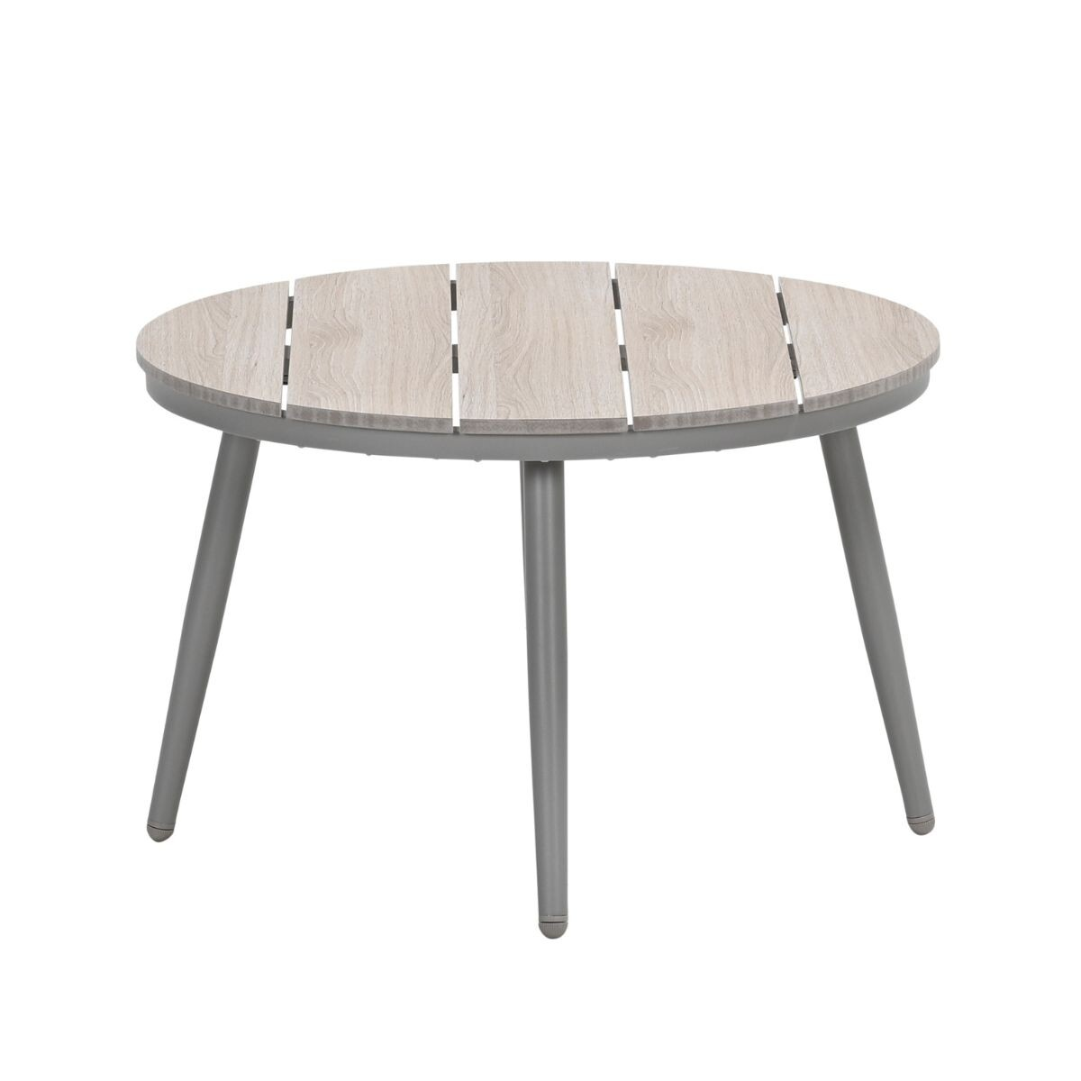 Ronde tafel met houtnerf blad en grijze metalen poten, geïsoleerd op wit.