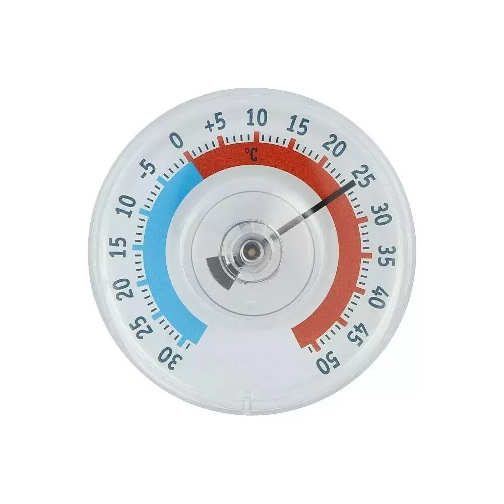 Ein runder Thermometer mit roter und blauer Skala, zeigt ca. 26 Grad Celsius an.