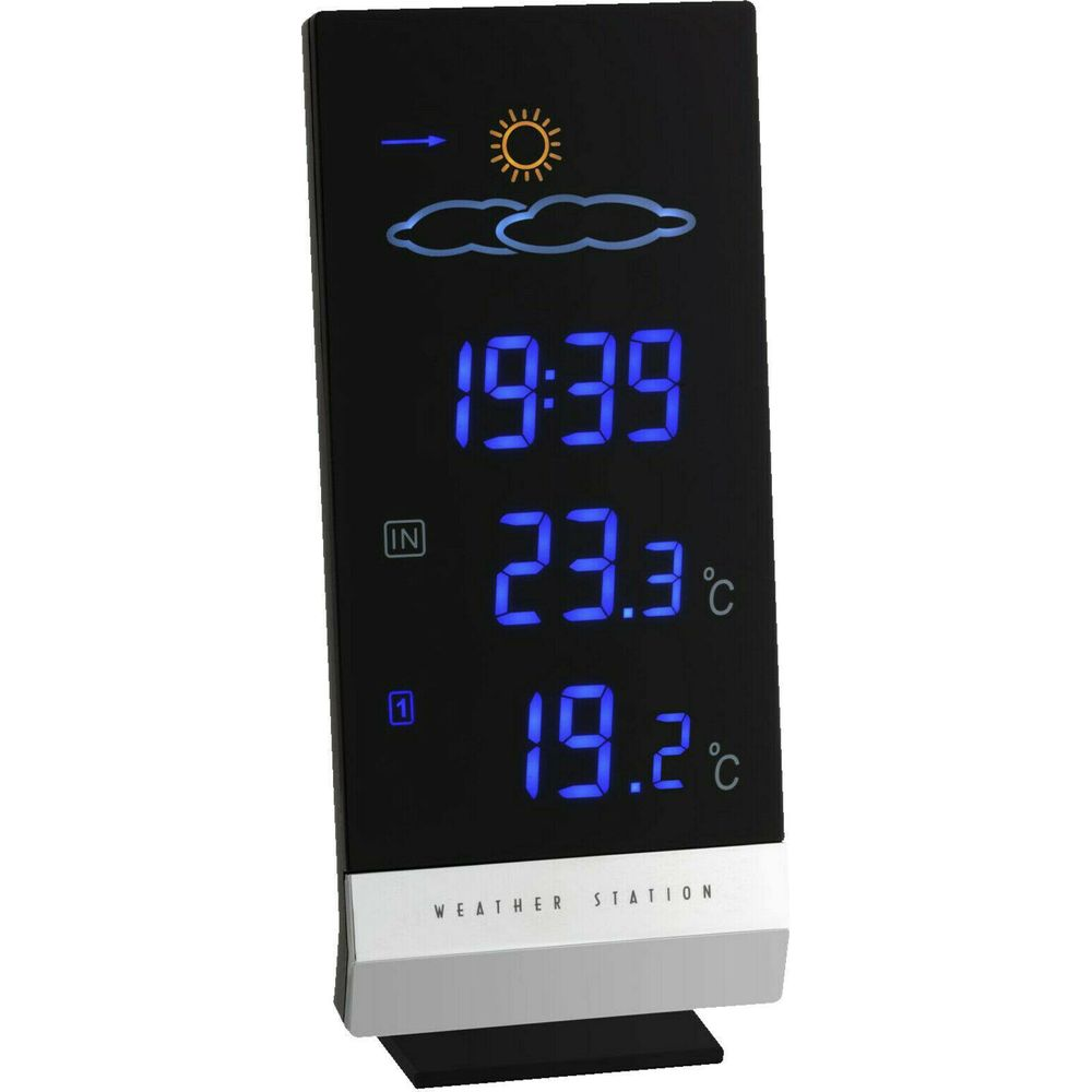 Digitale Wetterstation mit Uhrzeit, Innentemperatur und Außentemperatur.