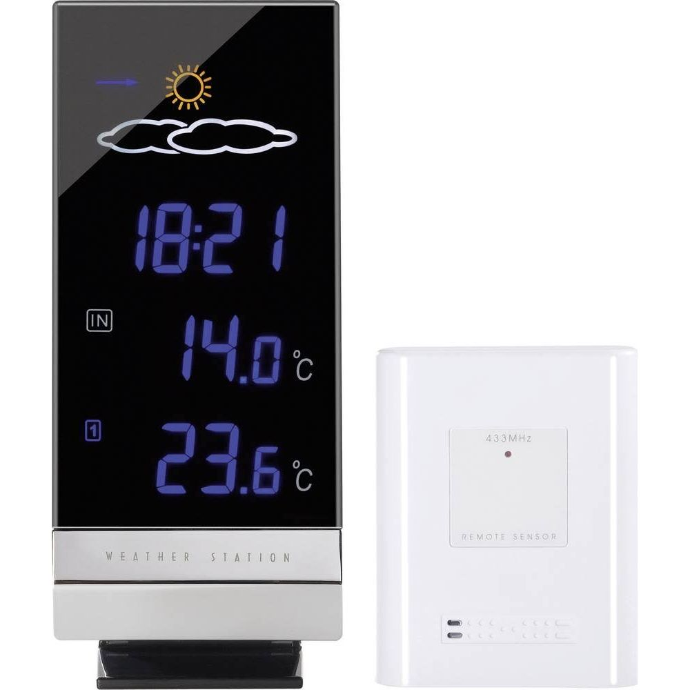Digitale Wetterstation zeigt Zeit und Temperaturen an, daneben ein weißer Sensor.
