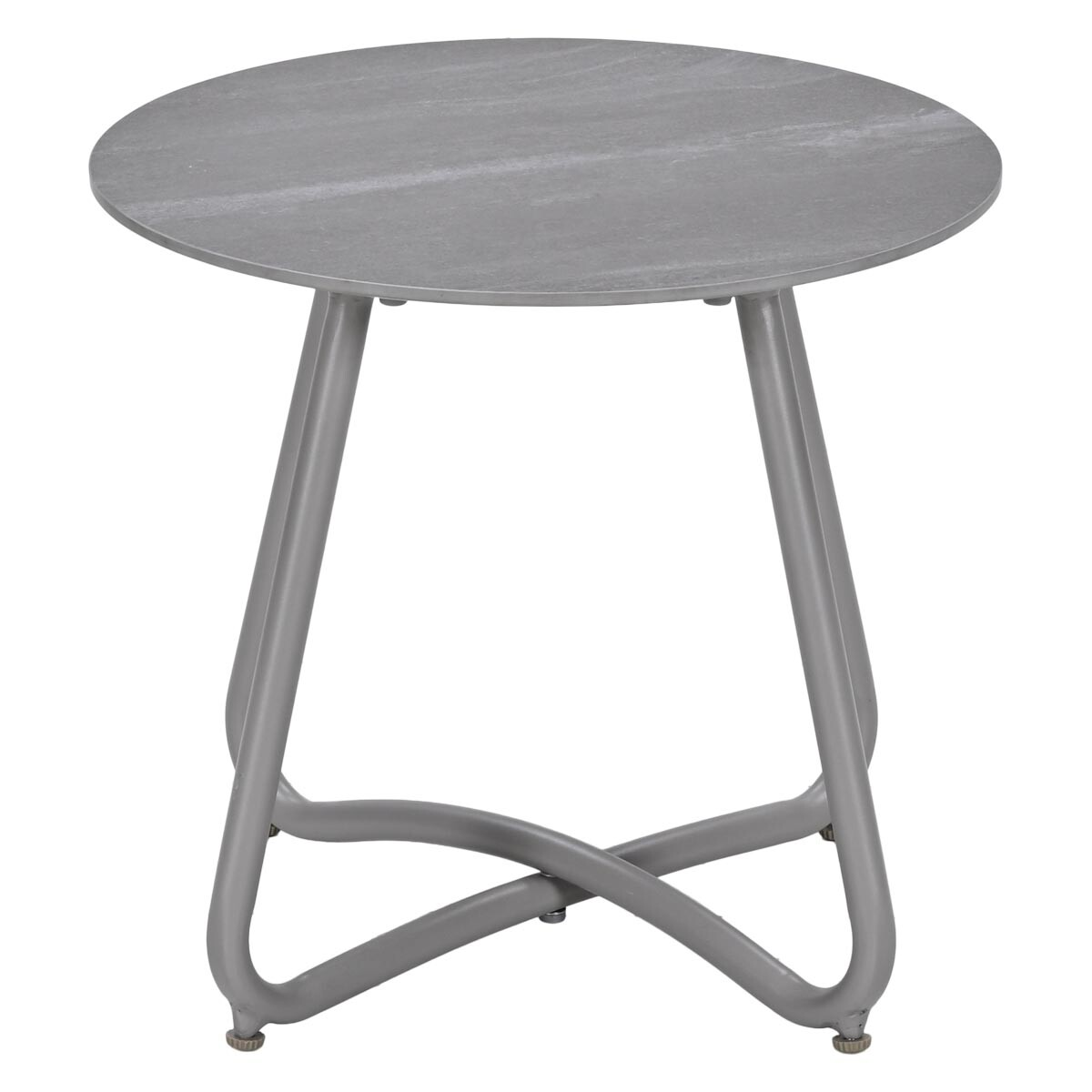 Een ronde grijze tafel met een gekruist metalen onderstel op witte achtergrond.