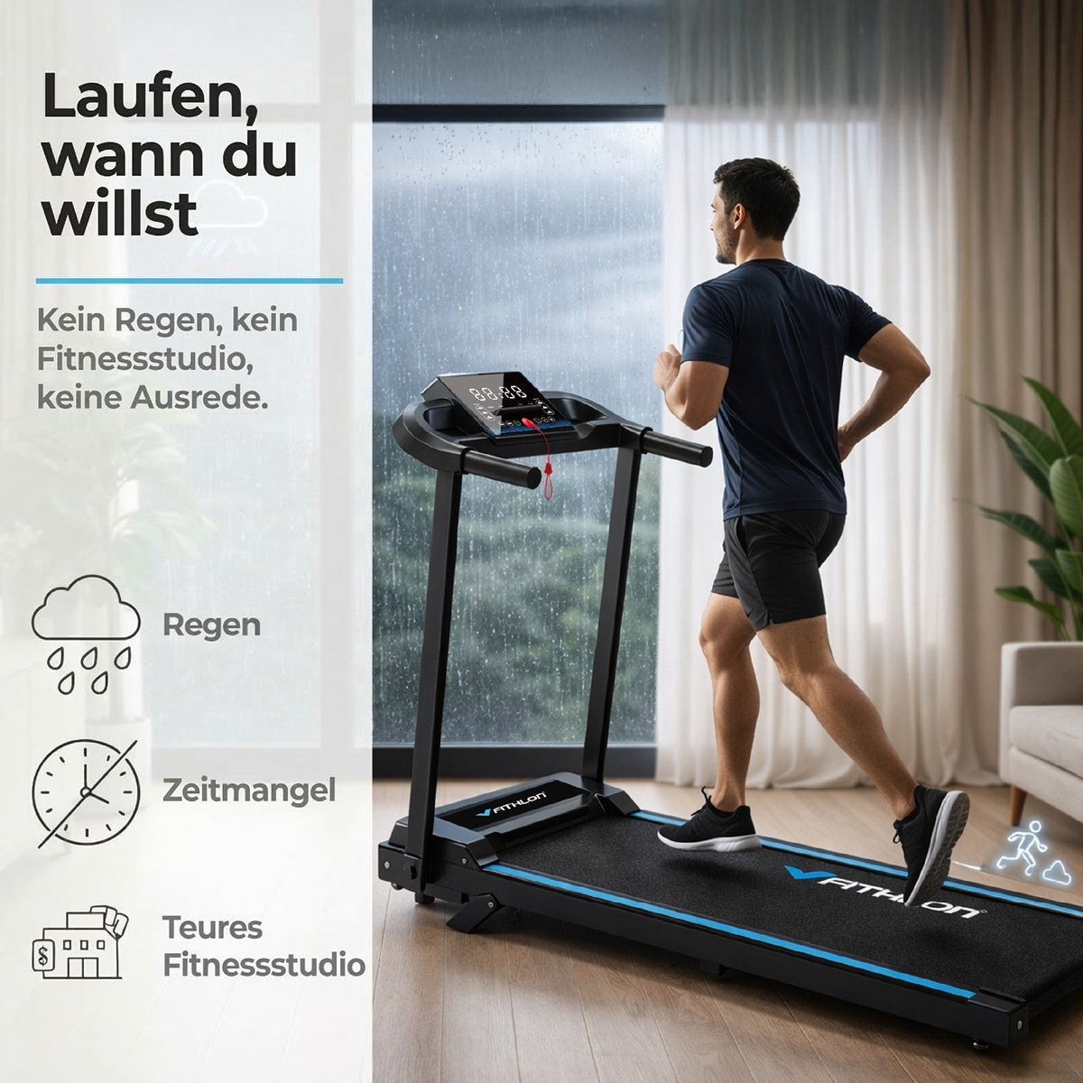 Ein Mann läuft auf einem Laufband in einem Innenraum, während es draußen regnet.