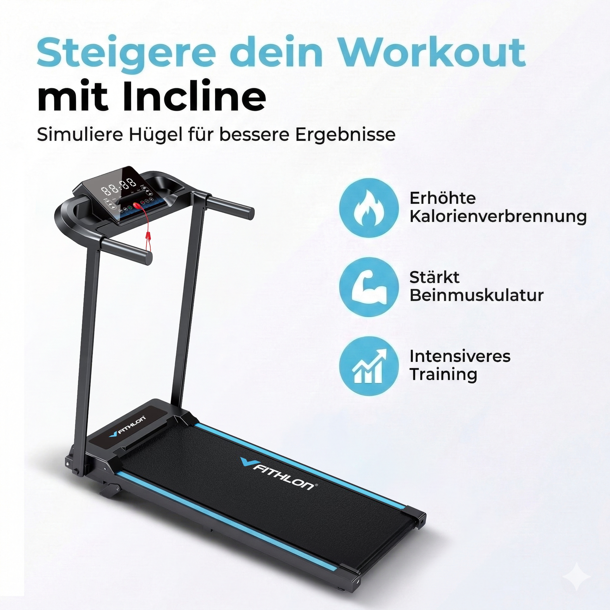 Schwarzes Laufband mit blauen Akzenten, Display und Trainingssymbolen.