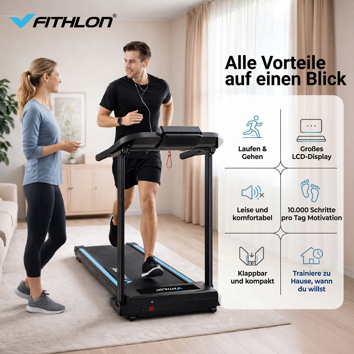Mann läuft auf Laufband, Frau schaut zu. Produktvorteile werden aufgelistet.