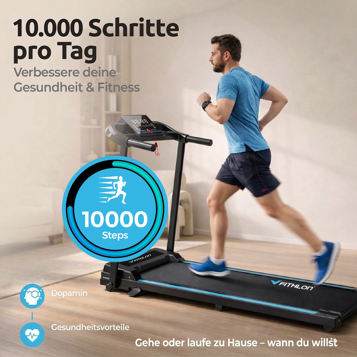 Mann läuft auf Laufband mit 10.000 Schritte Anzeige und Text zu Gesundheit.
