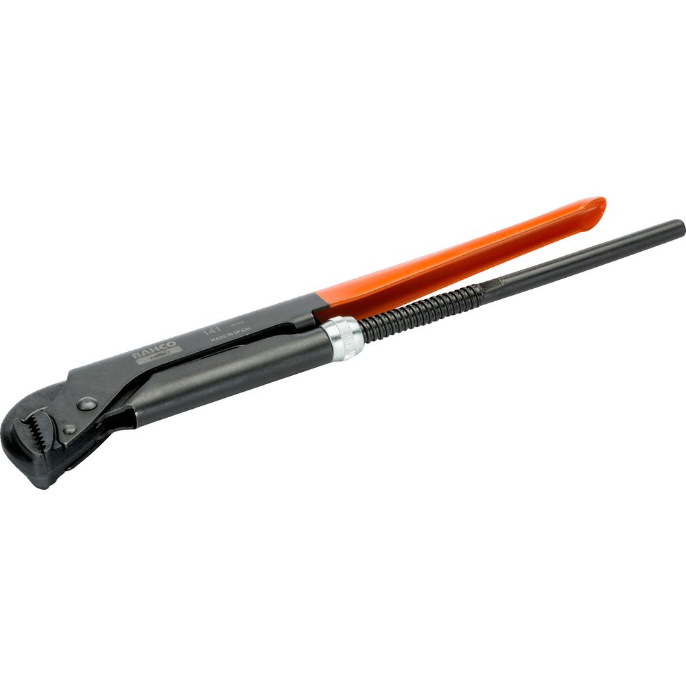 Ein schwarzes Rohrzange mit orangefarbenem Griff und gefedertem Schaft.