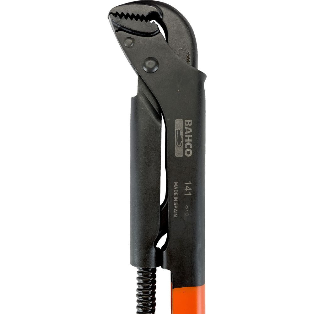 Eine schwarze Rohrzange mit orangefarbenem Griff, Marke Bahco.