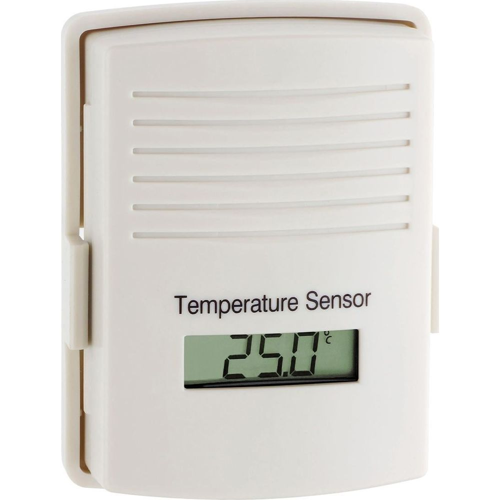 Un sensor de temperatura blanco que muestra 25.0 grados Celsius digitalmente.