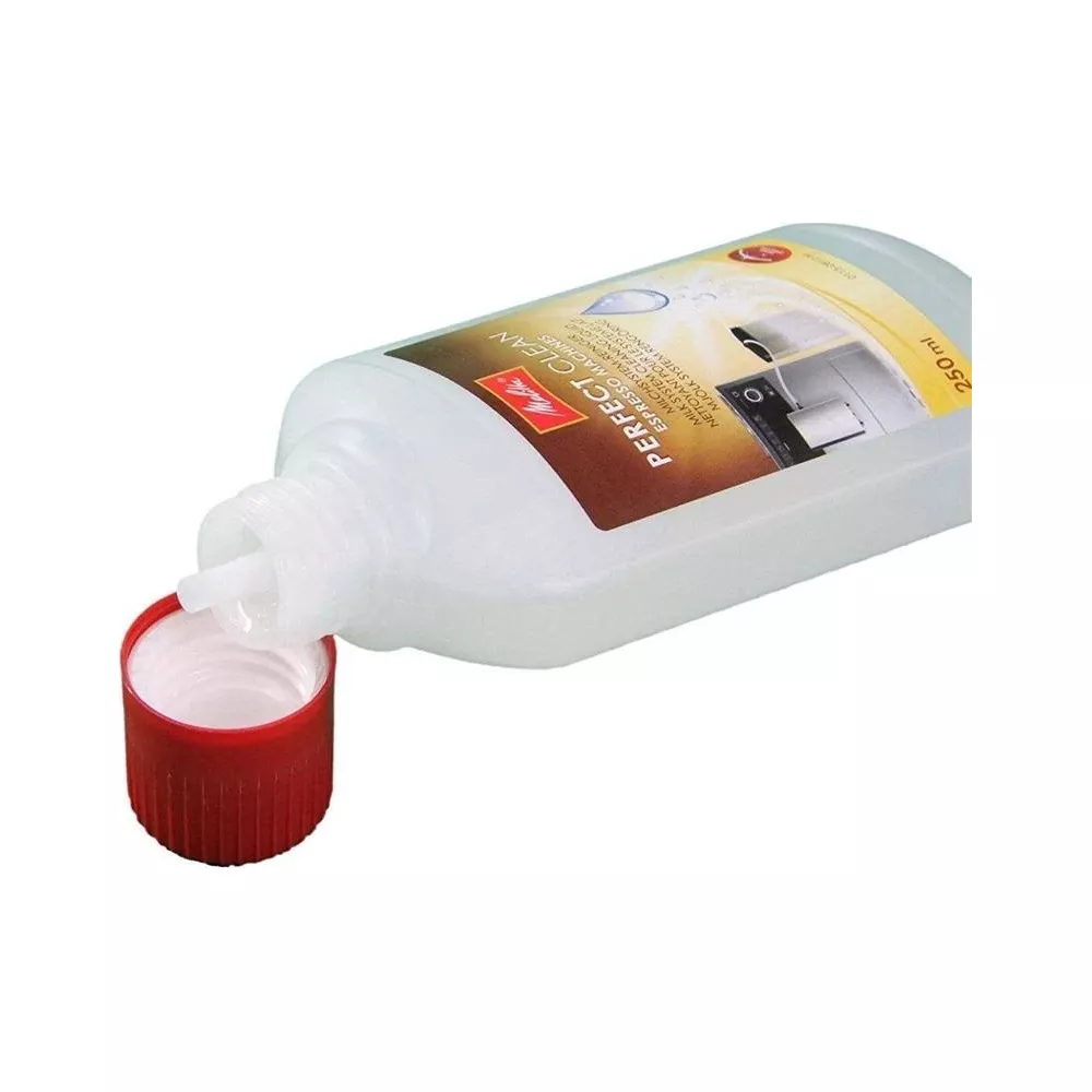 Eine Flasche Melitta Perfect Clean Entkalker für Espressomaschinen mit rotem Deckel.