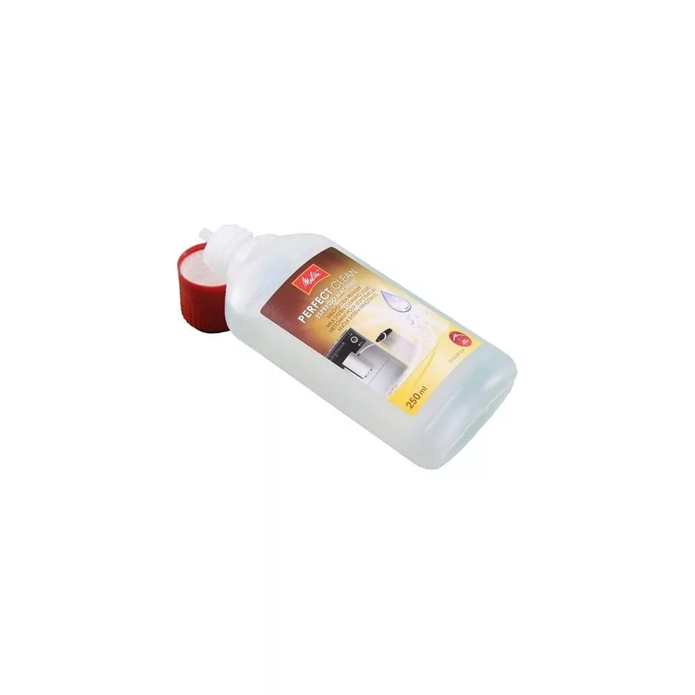 Eine Flasche Melitta Perfect Clean Milchsystemreiniger, 250 ml, mit rotem Deckel.