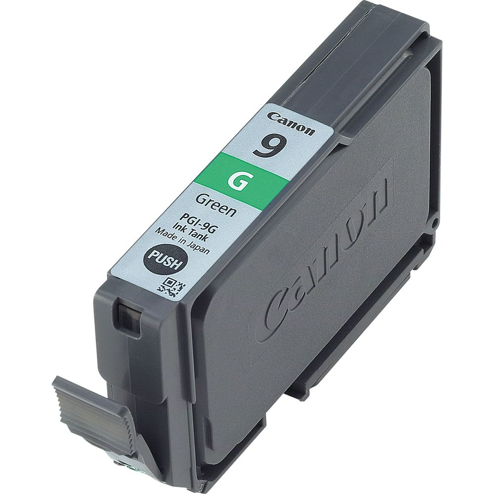 Grijze Canon PGI-9G groene inktcartridge met groen label en tekst.