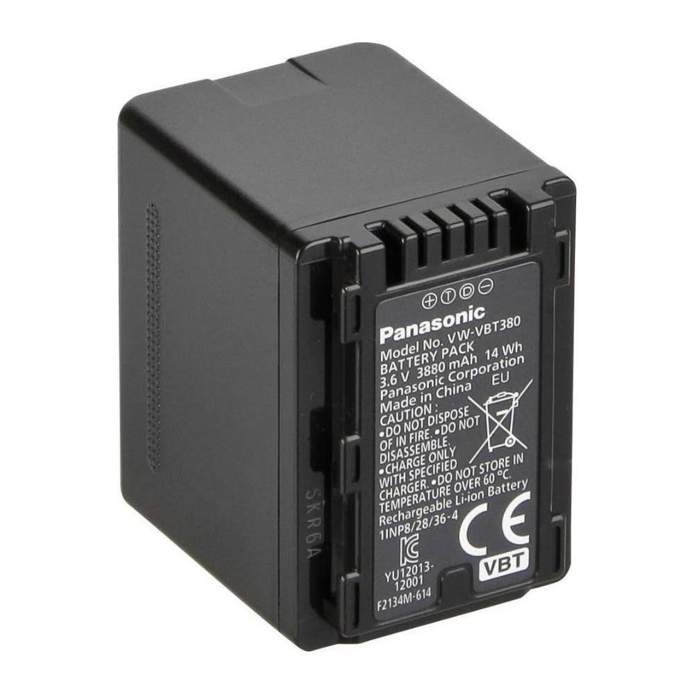 Batterie Panasonic VW-VBT380 noire, 3,6V, 3880mAh, avec instructions de chargement.