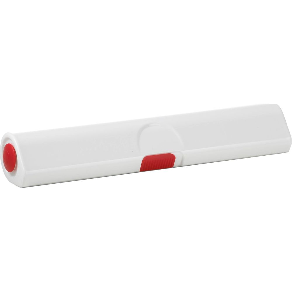 Ein weißer Gegenstand mit roten Akzenten, der wie ein Stempel aussieht.