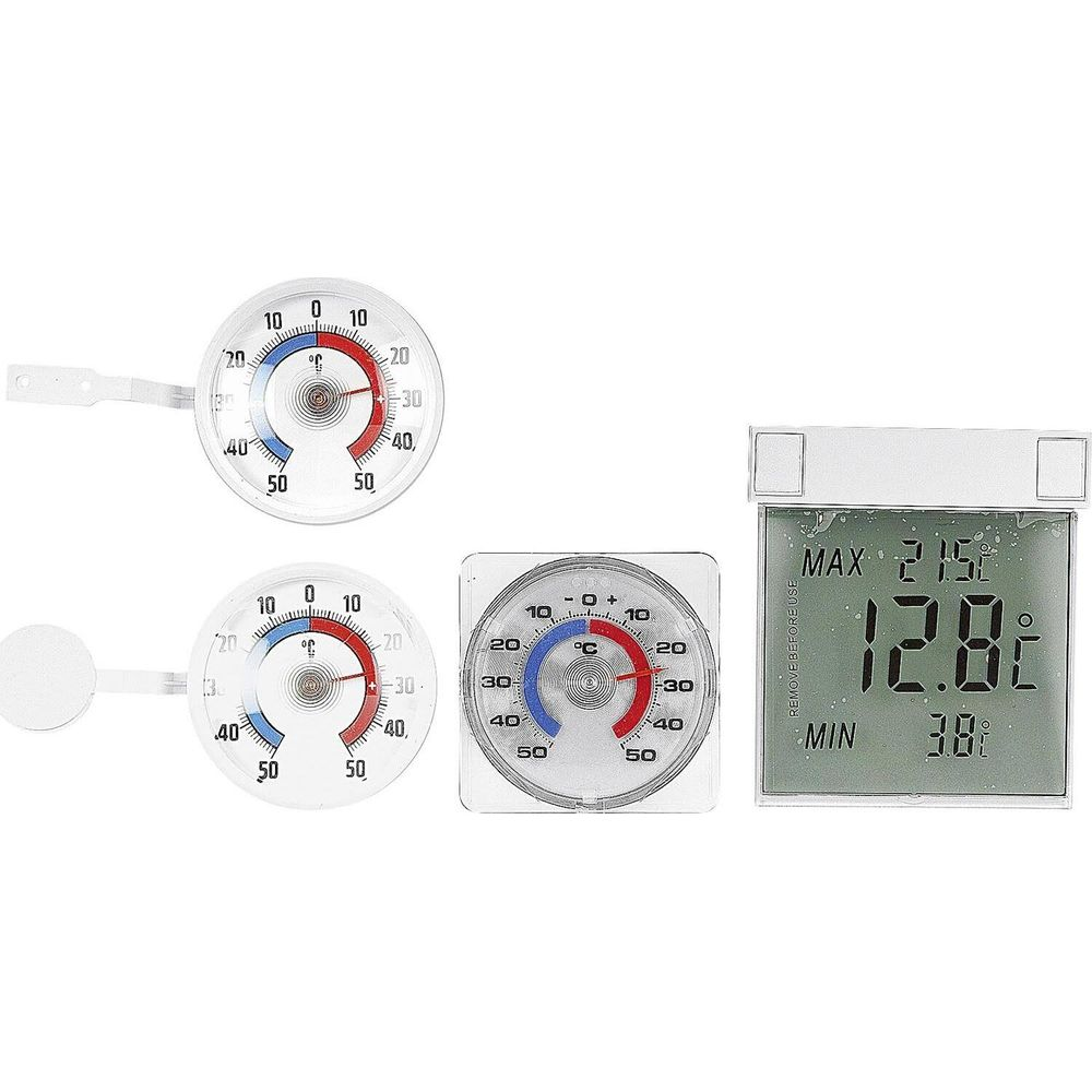 Drei Thermometer und ein digitales Messgerät auf weißem Hintergrund.