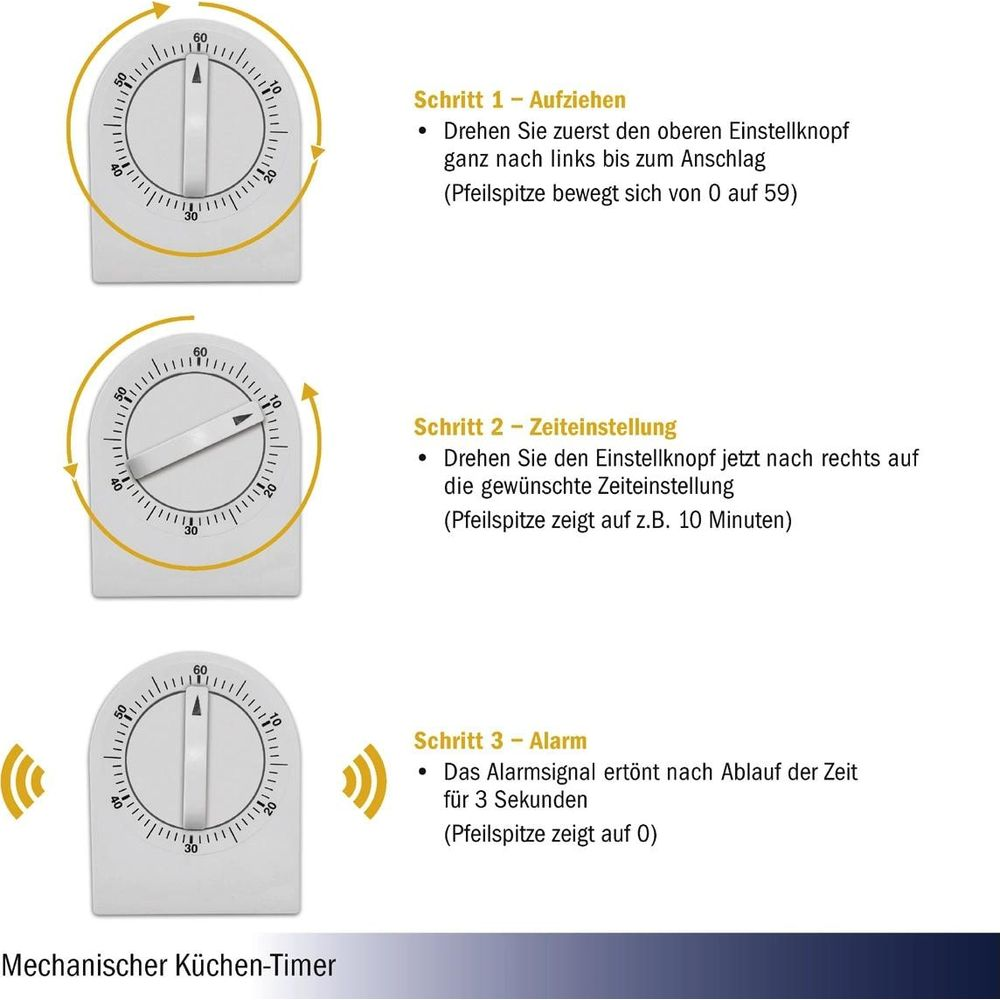 Instrukcja mechanicznego timera kuchennego: Nakręcanie, ustawianie czasu, alarm.