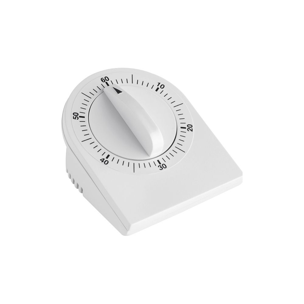 Biały mechaniczny minutnik kuchenny ze skalą od 0 do 60.