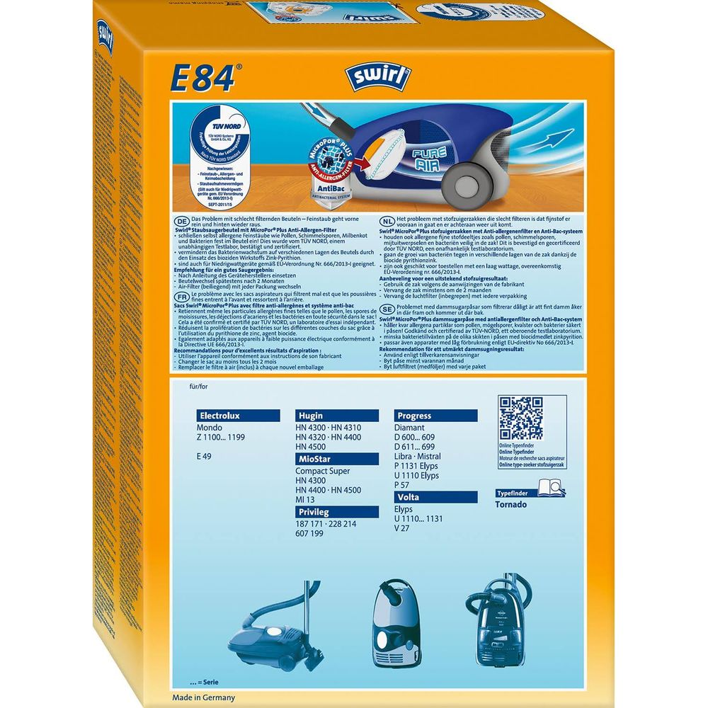 Verpackung eines Swirl E84 Staubsaugerbeutels mit Mikropor Plus Filter.