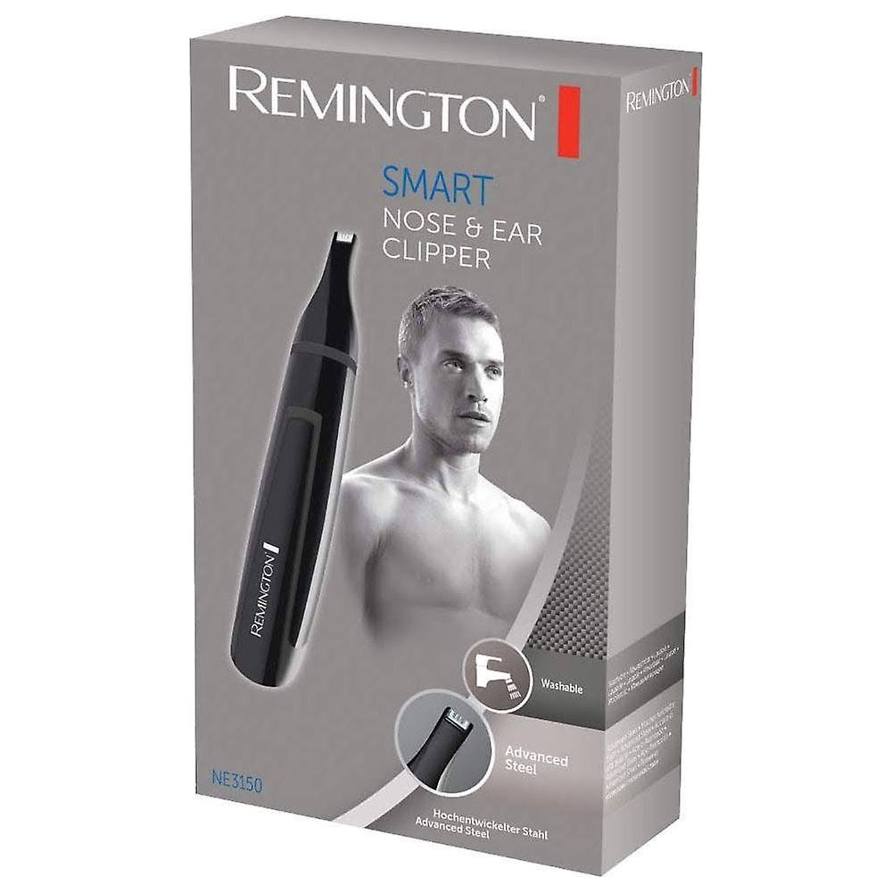 Remington Smart Nasen- und Ohrhaartrimmer Verpackung mit Mann und Trimmer.