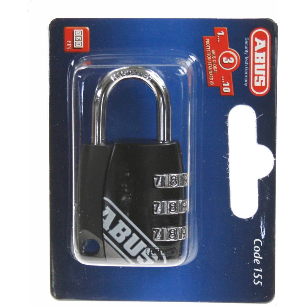 Schwarzes ABUS Zahlenschloss mit silbernem Bügel in Blisterverpackung.