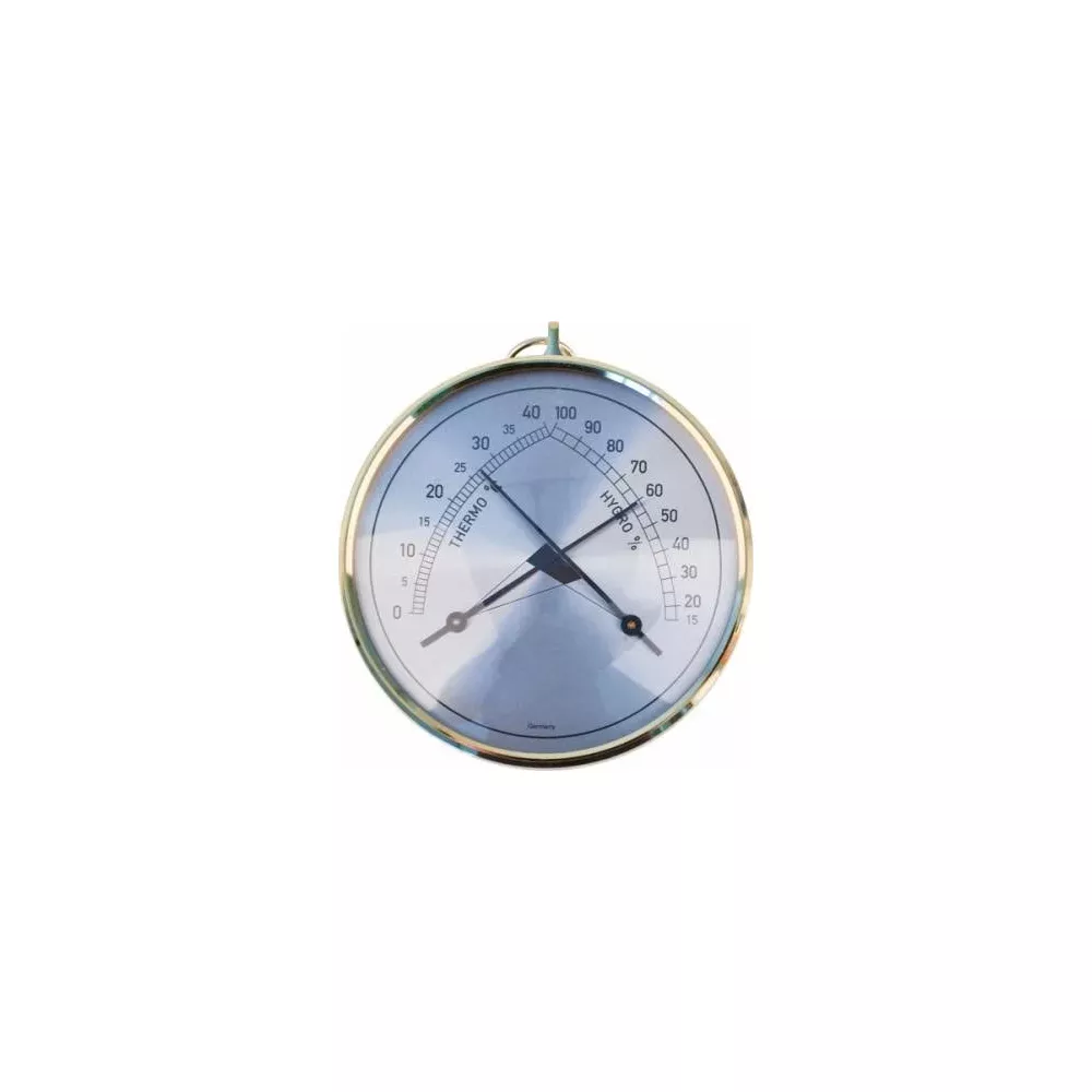 Rundes Thermometer und Hygrometer mit silbernem Rahmen und Zifferblatt.