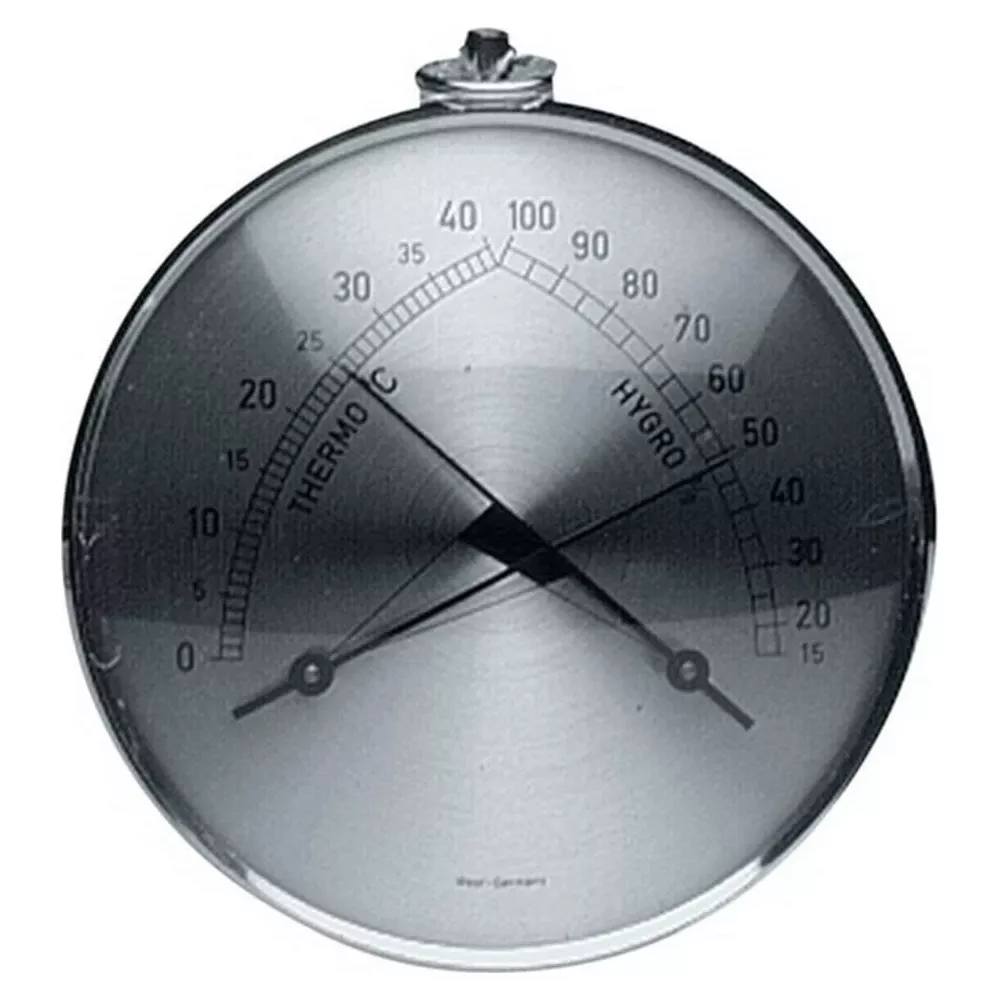 Ein rundes Thermometer-Hygrometer mit zwei Skalen und Zeigern.