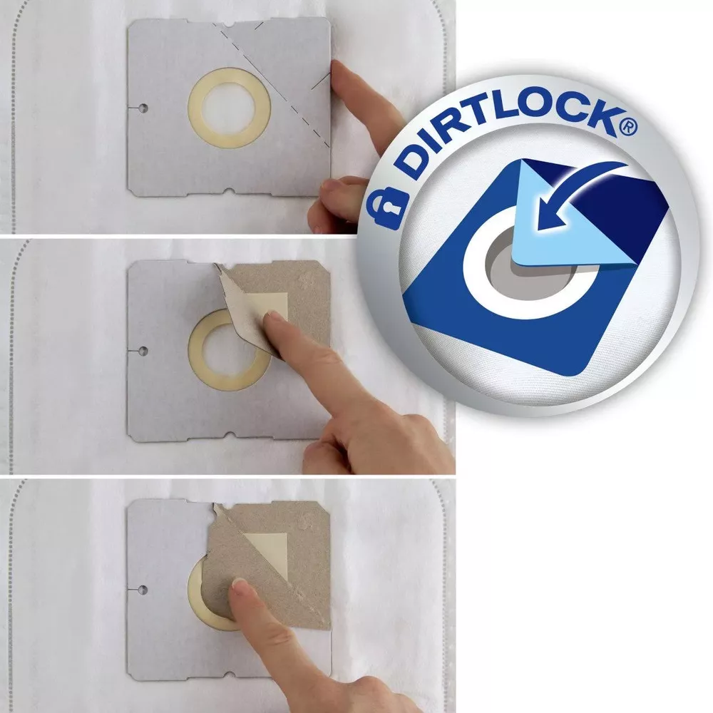 Schritt-für-Schritt-Anleitung zur Verwendung eines Staubsaugerbeutels mit Dirtlock-Funktion.