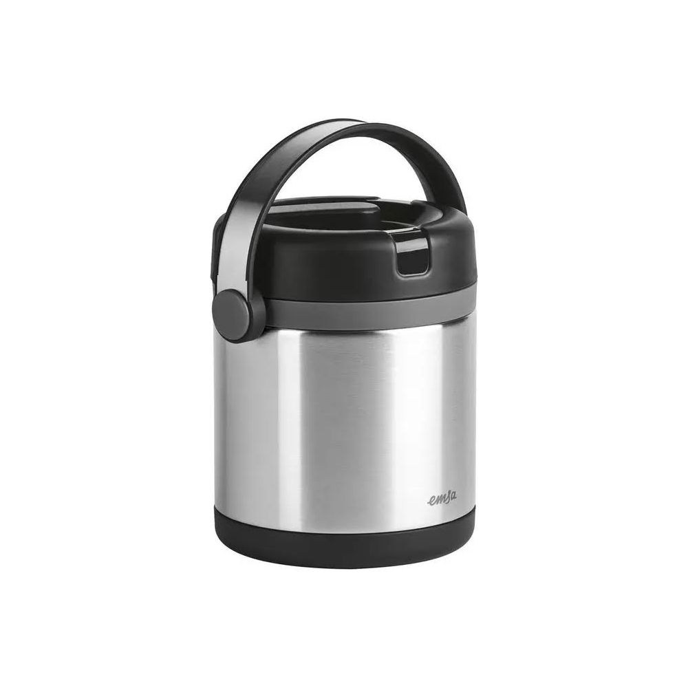 Silberner Thermosbehälter mit schwarzem Deckel und Henkel, auf weißem Hintergrund.