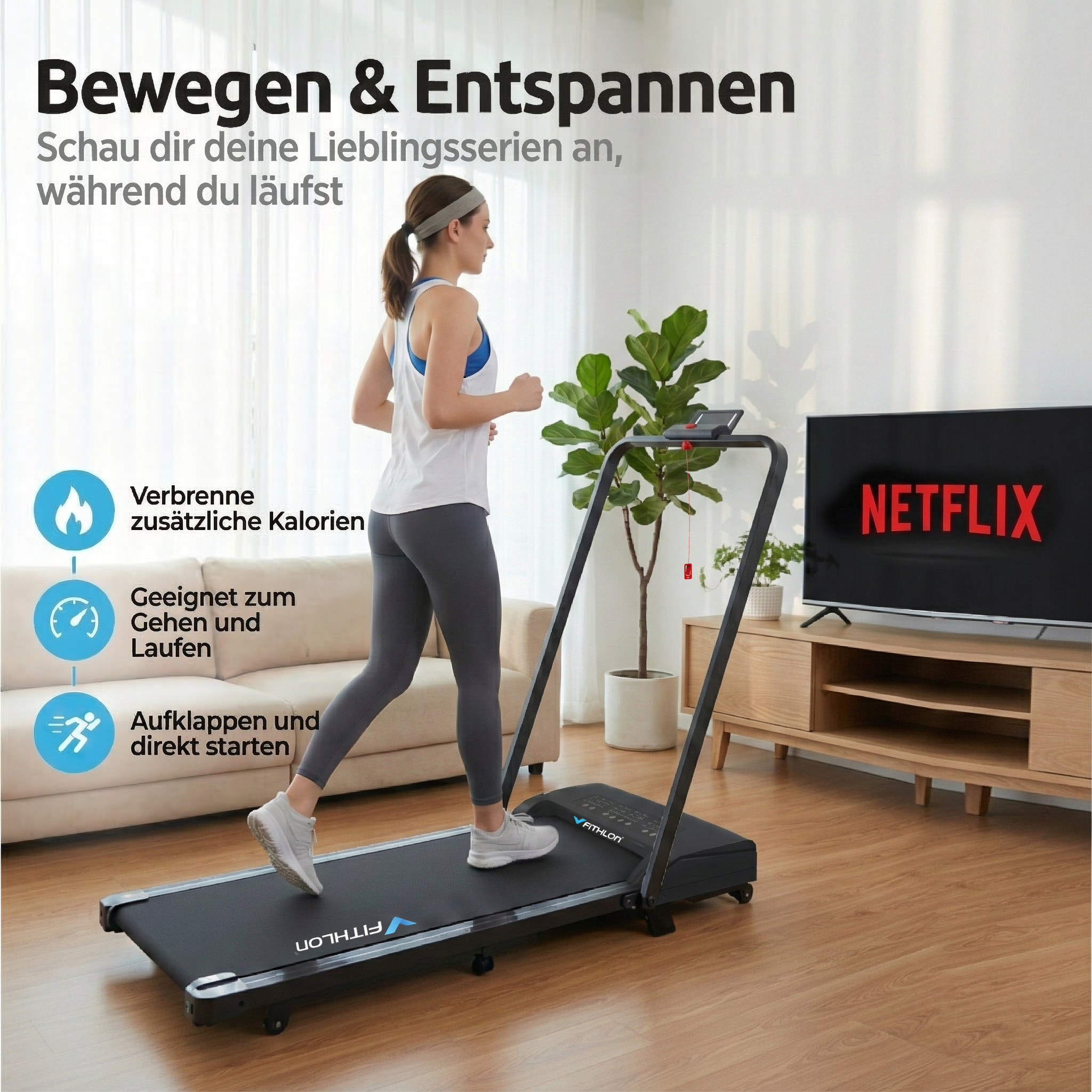 Eine Frau läuft auf einem Laufband, Netflix wird auf dem Fernseher gezeigt.