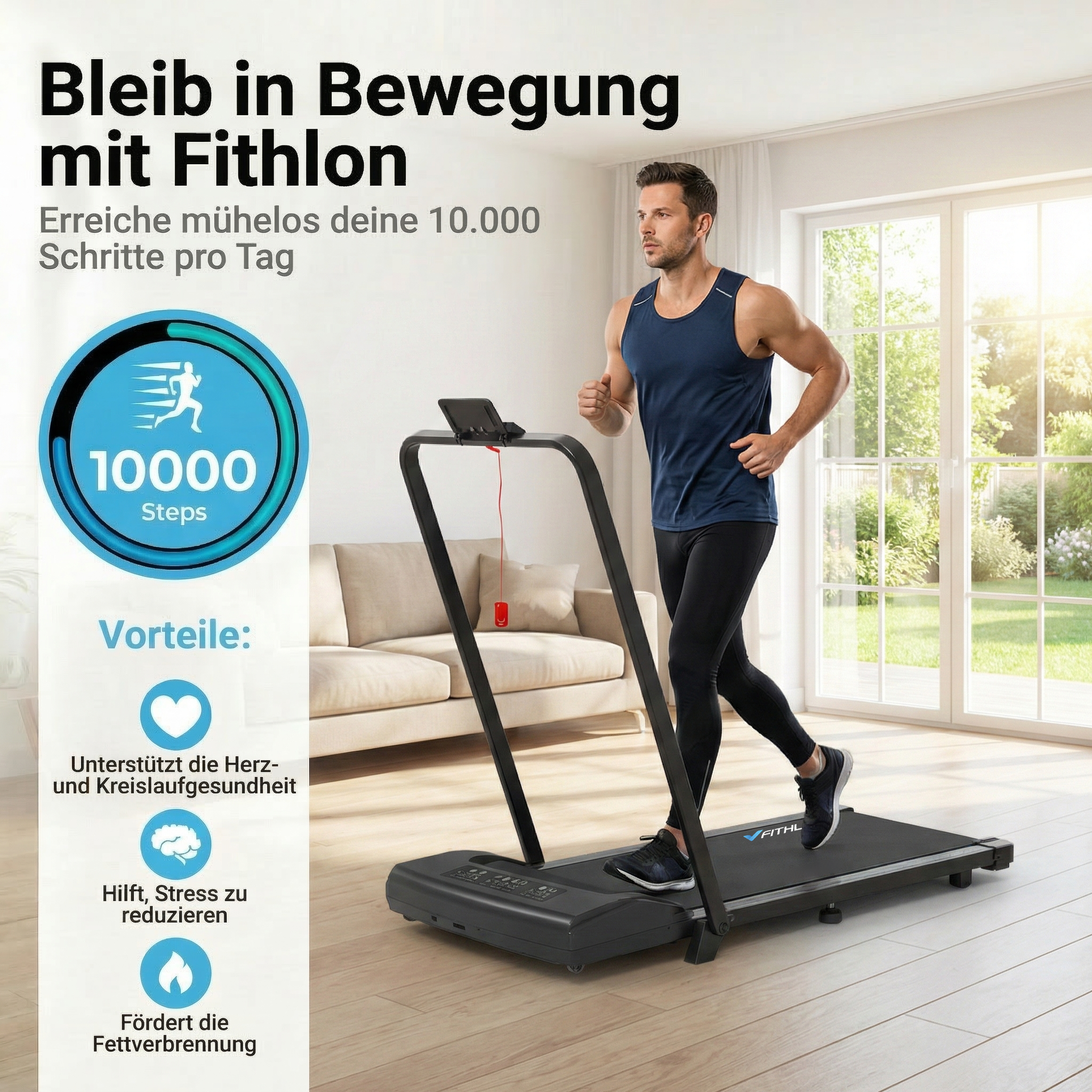 Mann läuft auf Laufband in einem hellen Raum mit Fenstern und Sofa.