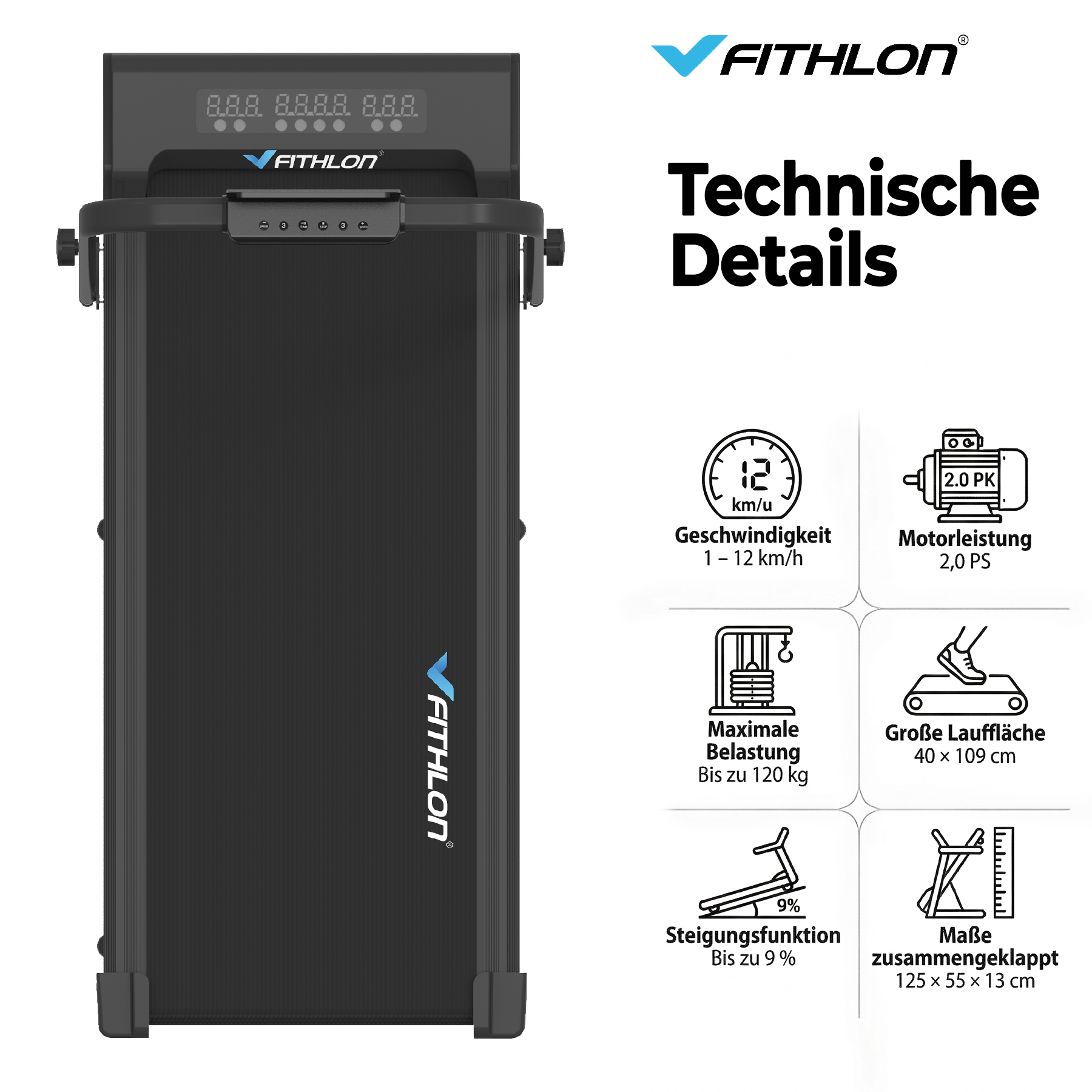 Schwarzes Laufband mit FITHLON-Logo und technischen Details.