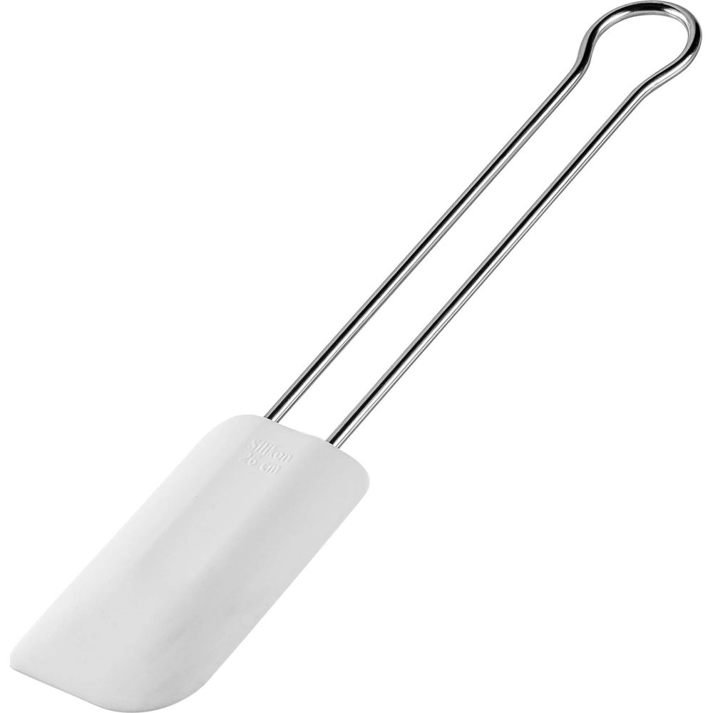 Una spatola in silicone bianca con lungo manico in metallo e un anello.