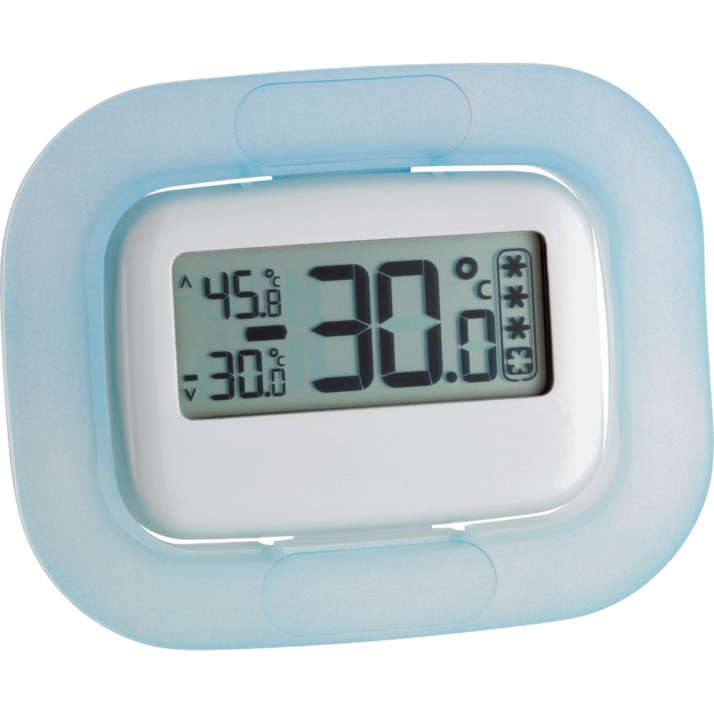 Ein digitaler Thermometer mit blauem Rand zeigt 45,8 und 30,0 Grad Celsius an.