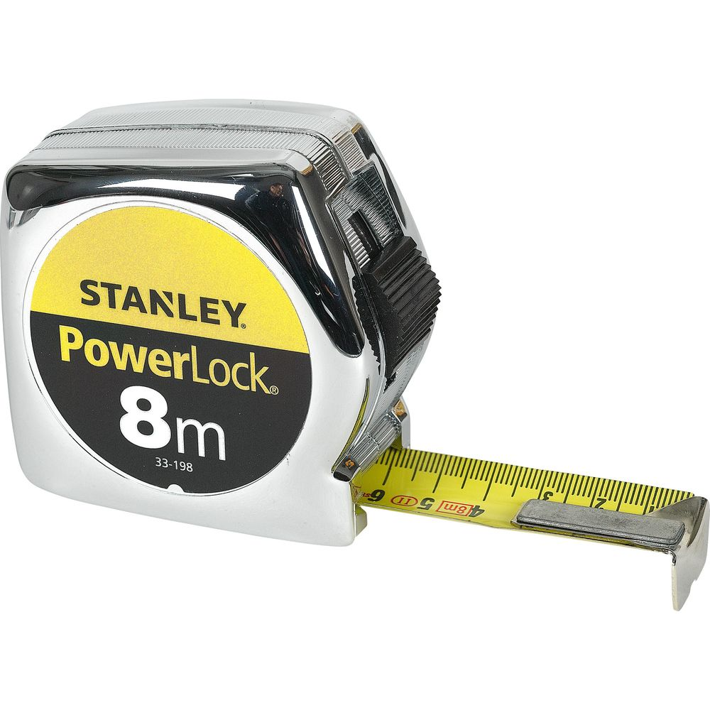 Mètre ruban Stanley PowerLock 8m avec ruban jaune déployé et boîtier argenté.