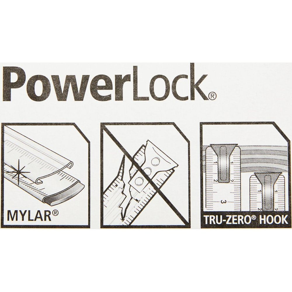 Logo PowerLock au-dessus de trois schémas : ruban Mylar, ruban barré et crochet Tru-Zero.