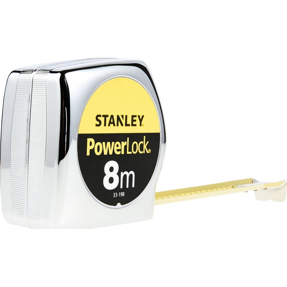Un mètre ruban Stanley PowerLock, marqué 8m.