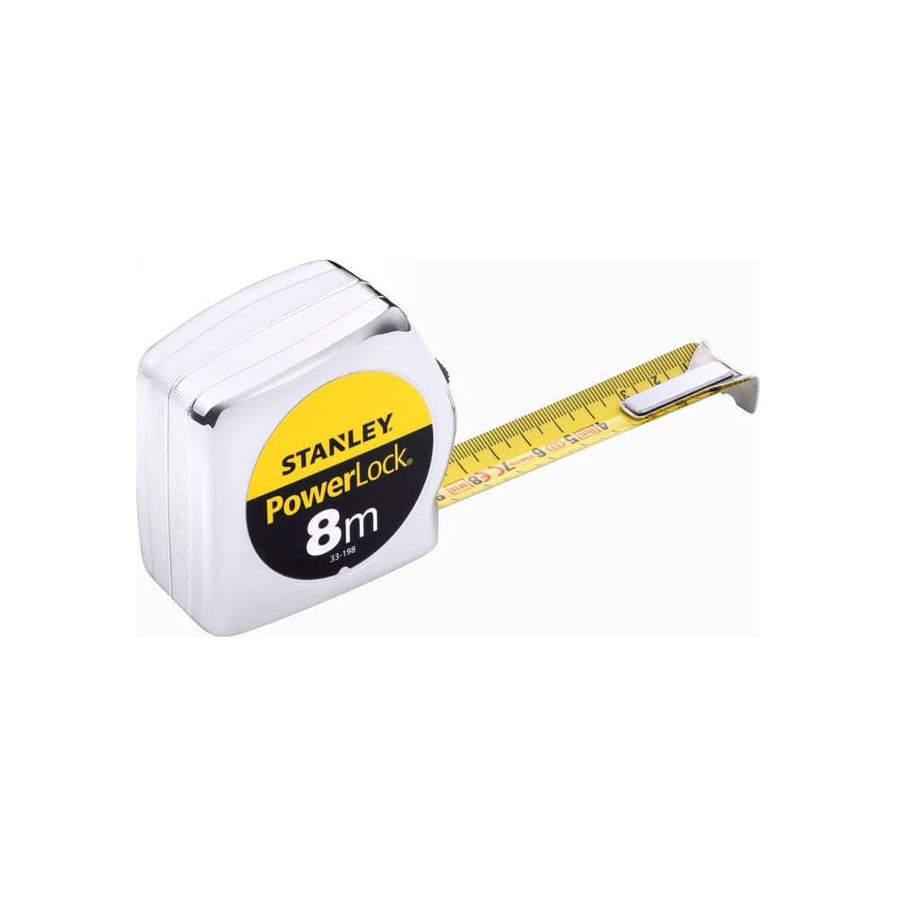 Un mètre ruban Stanley PowerLock 8m avec son ruban jaune déployé.