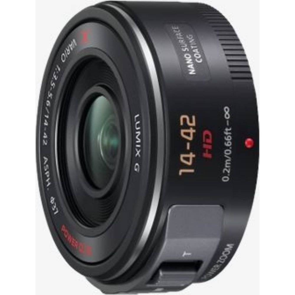 Czarny obiektyw aparatu Lumix G Vario 14-42mm HD z powłoką NANO SURFACE COATING.