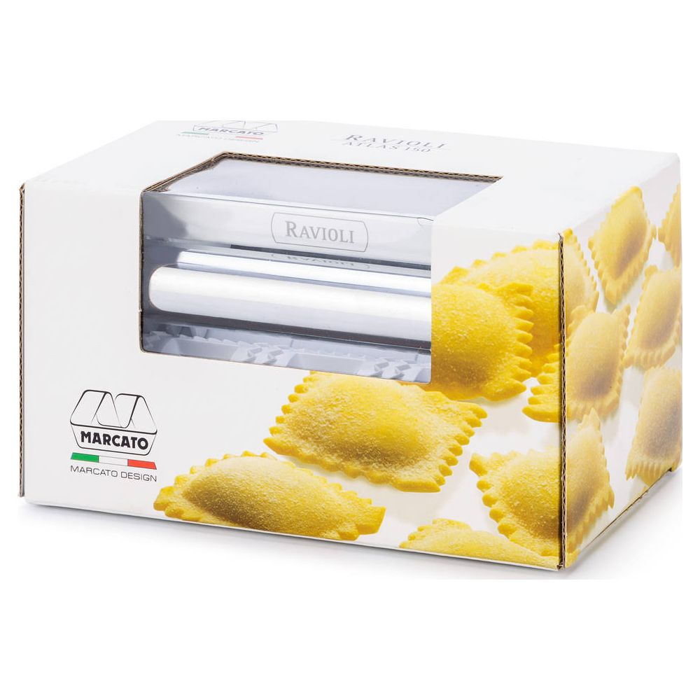 Boîte pour une machine à raviolis, fenêtre montrant la machine, avec images de raviolis.