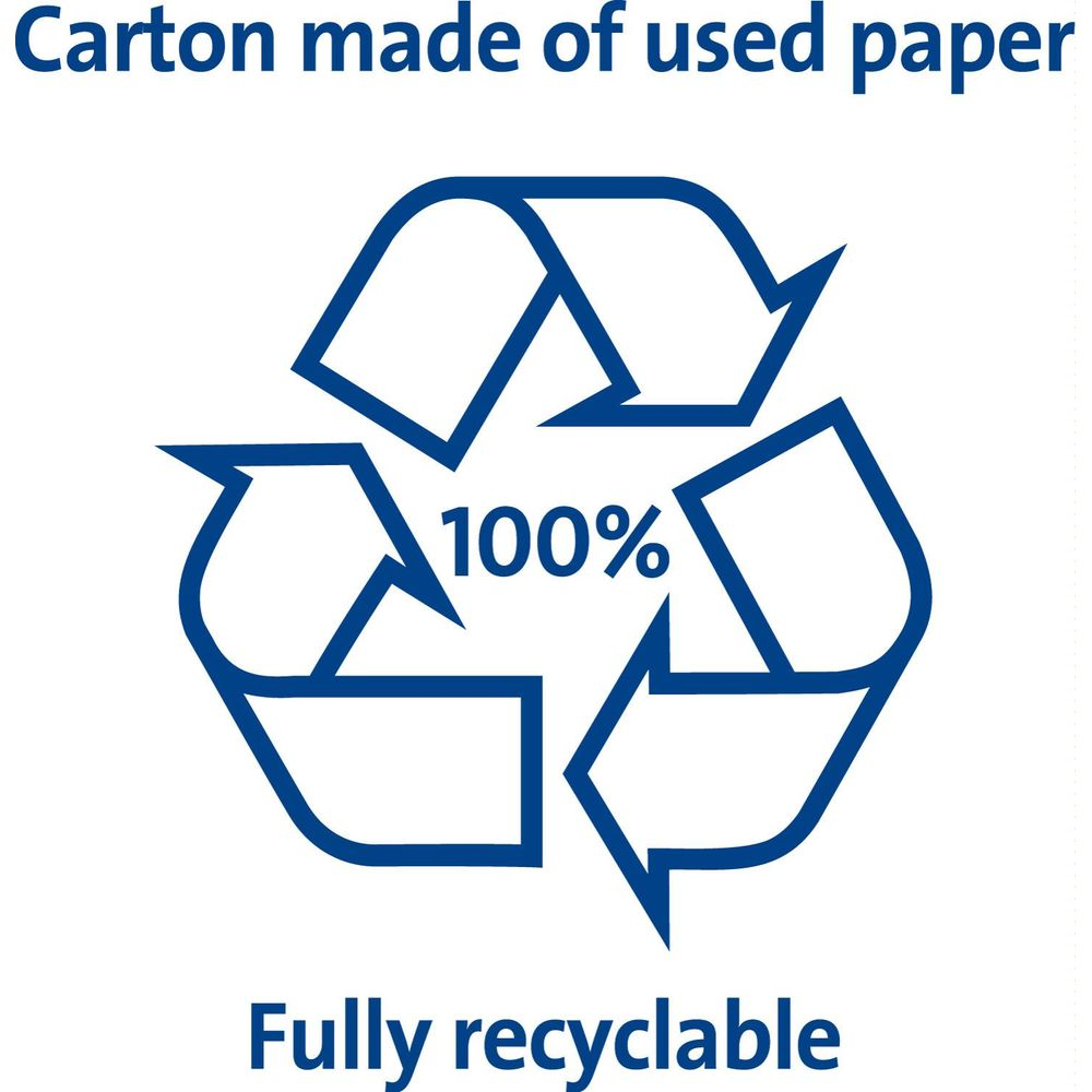 Blaues Recycling-Symbol mit 100% und Text über Kartons.