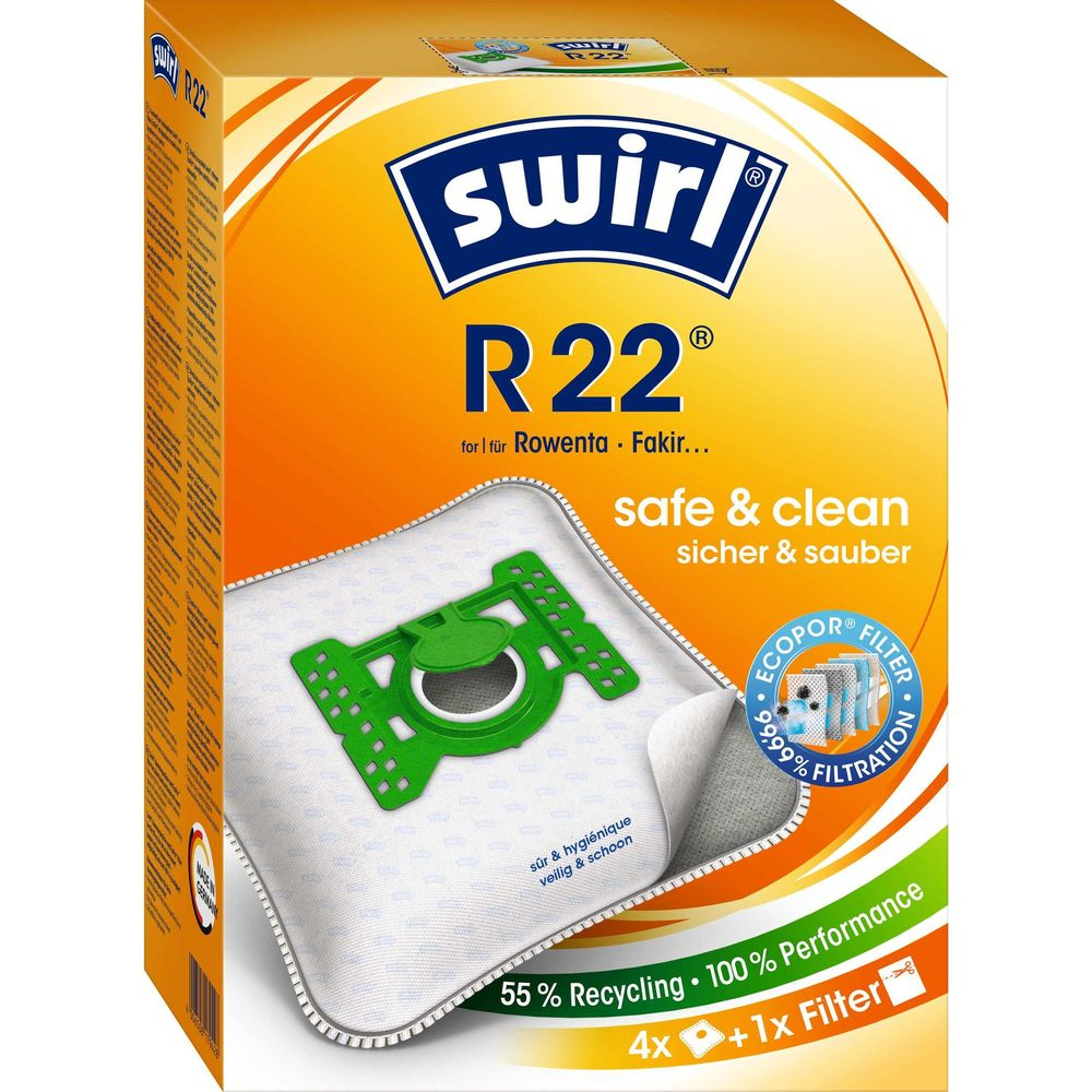 Verpackung für Swirl R22 Staubsaugerbeutel mit grünem Anschlussstück und Filteranzeige.