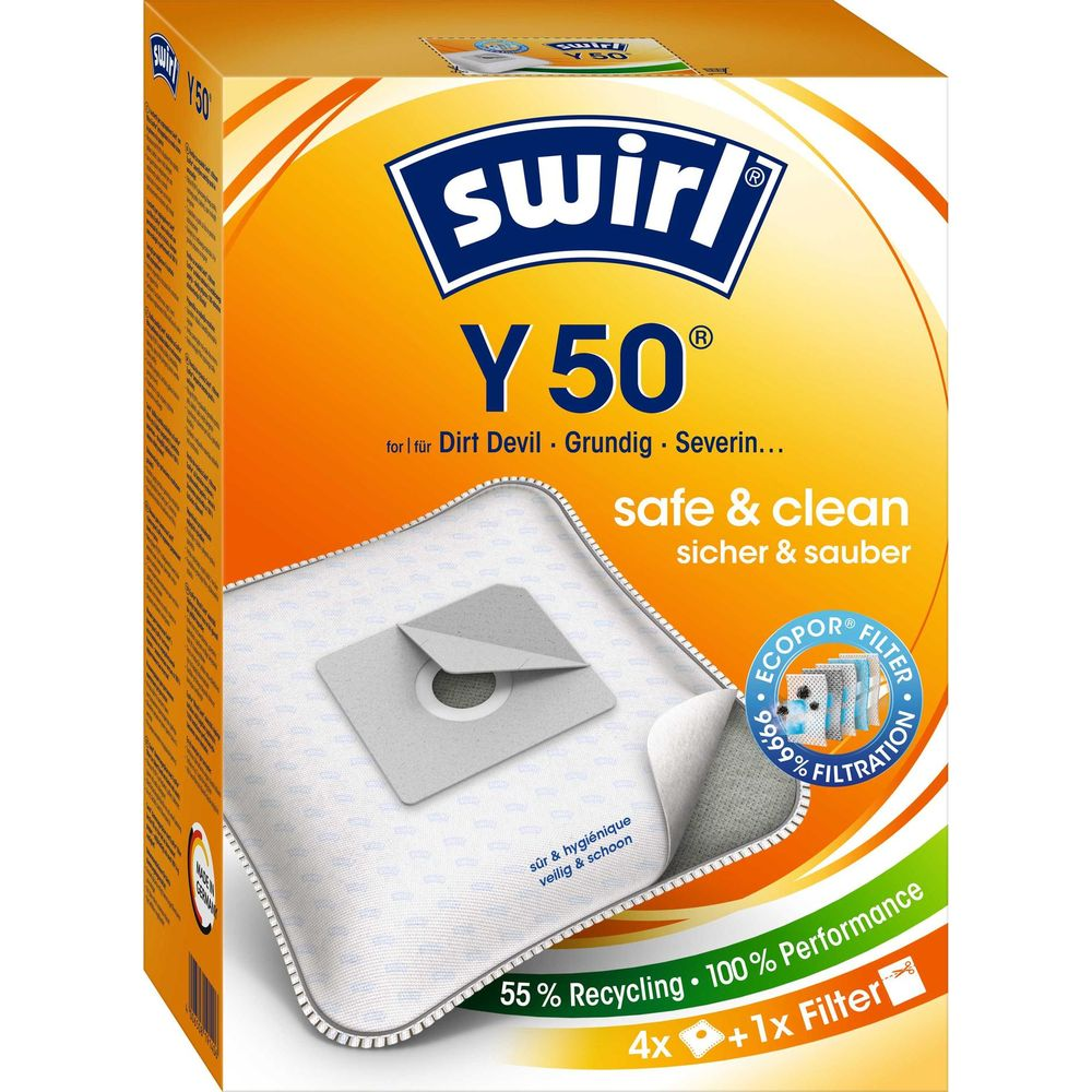 Embalaje para bolsas Swirl Y50, incluye 4 bolsas y 1 filtro.