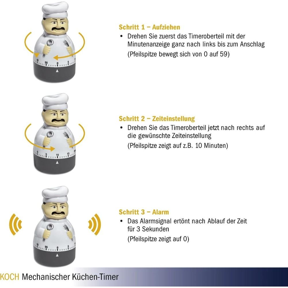 Mechaniczny minutnik kuchenny w trzech krokach: nakręcanie, ustawianie, alarm.