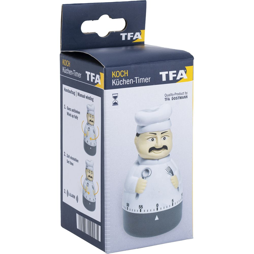 Pudełko timera kuchennego TFA w kształcie kucharza trzymającego łyżkę i widelec.
